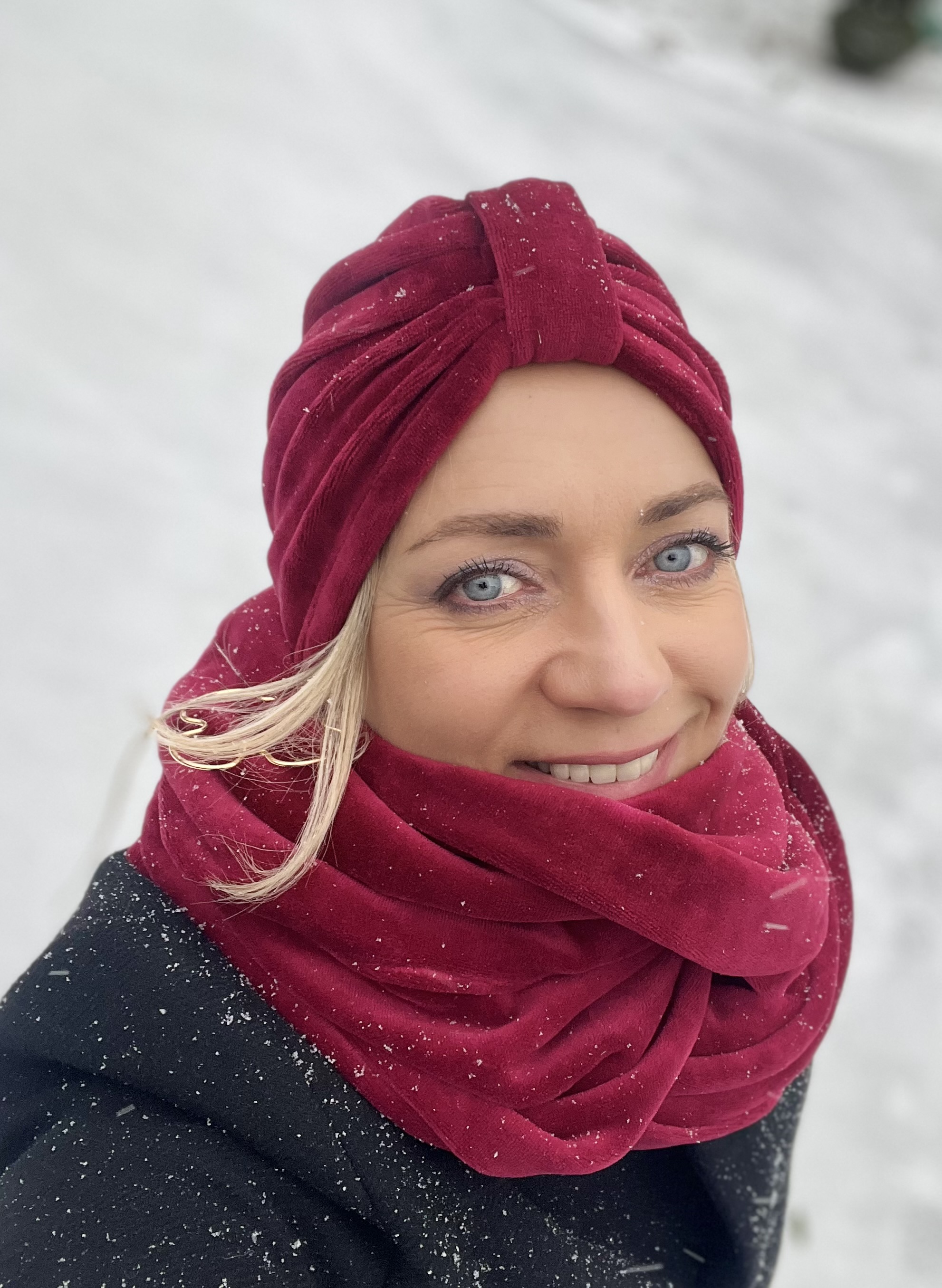 Komplet turban Emma i komin z weluru bordo