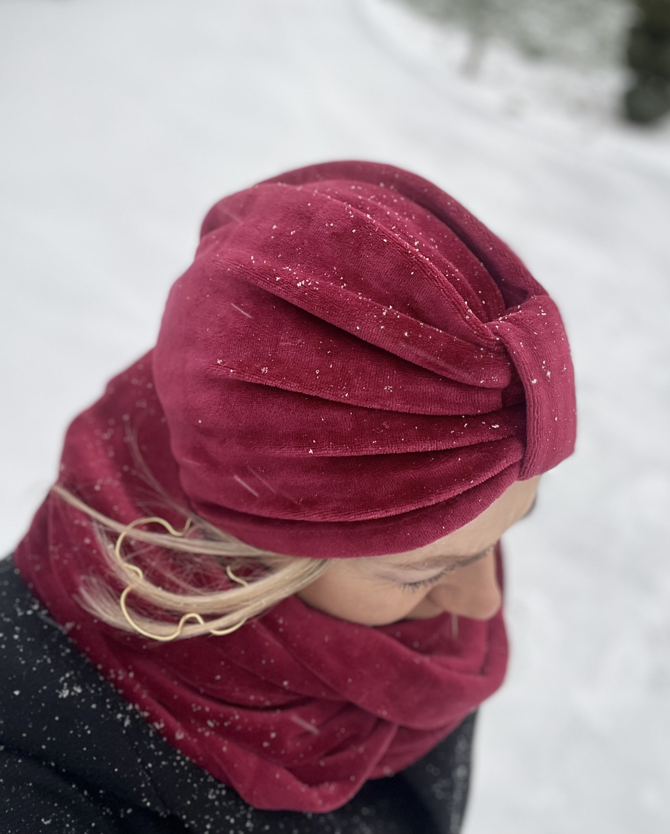 Komplet turban Emma i komin z weluru bordo - 2