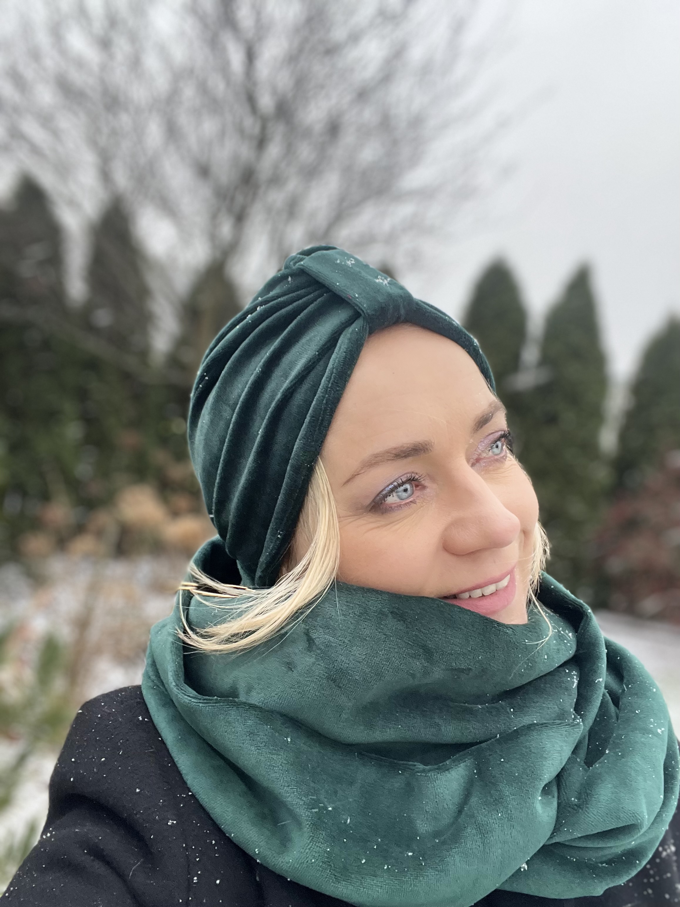 Komplet turban Emma i komin z weluru zielona butelka - 2