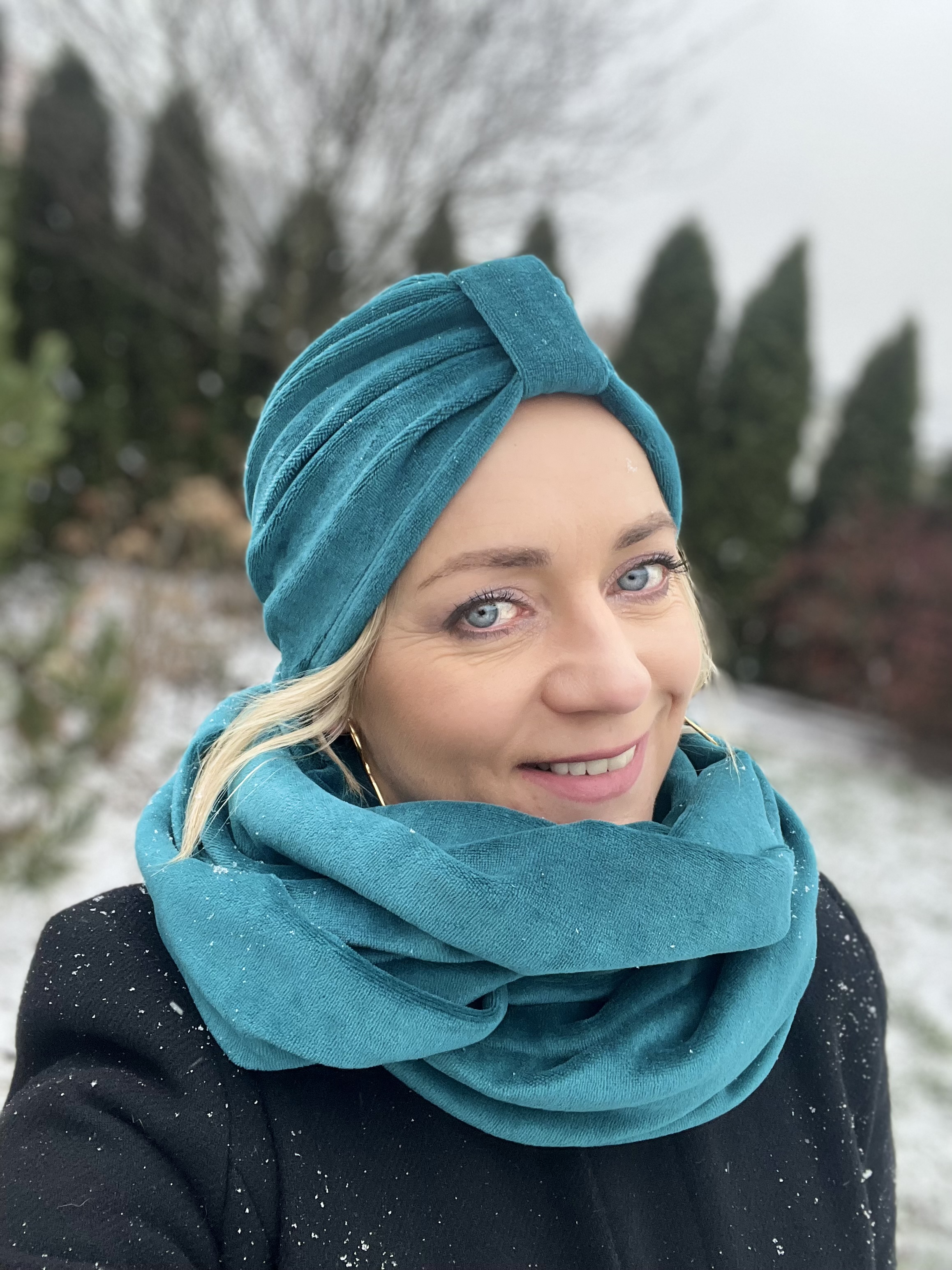 Komplet turban Emma i komin z weluru morski