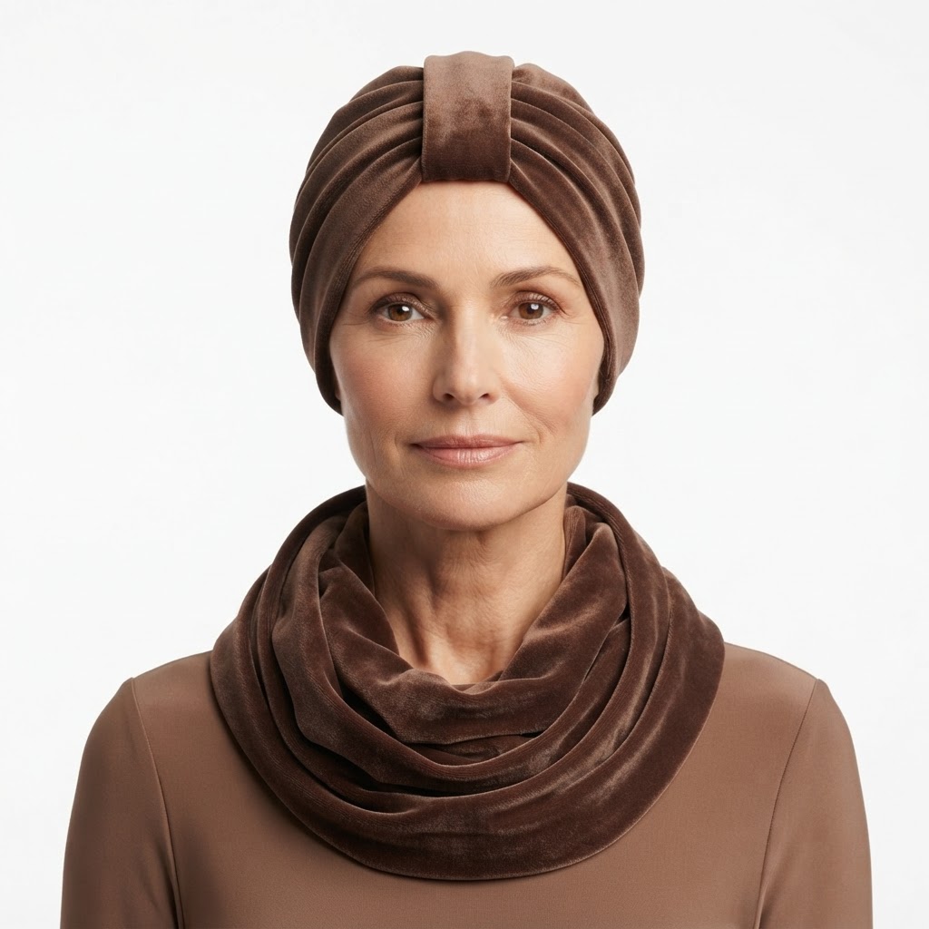 Komplet turban Emma i komin z weluru brązowy