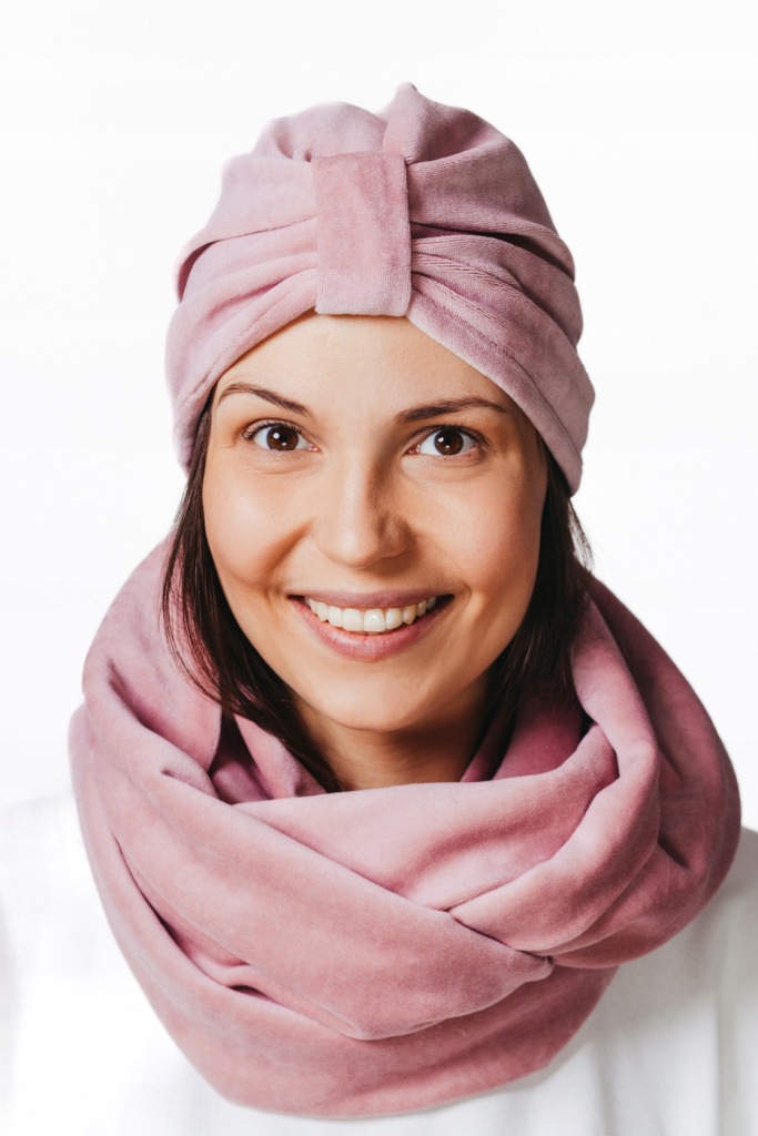 Komplet turban Emma i komin z weluru różowy