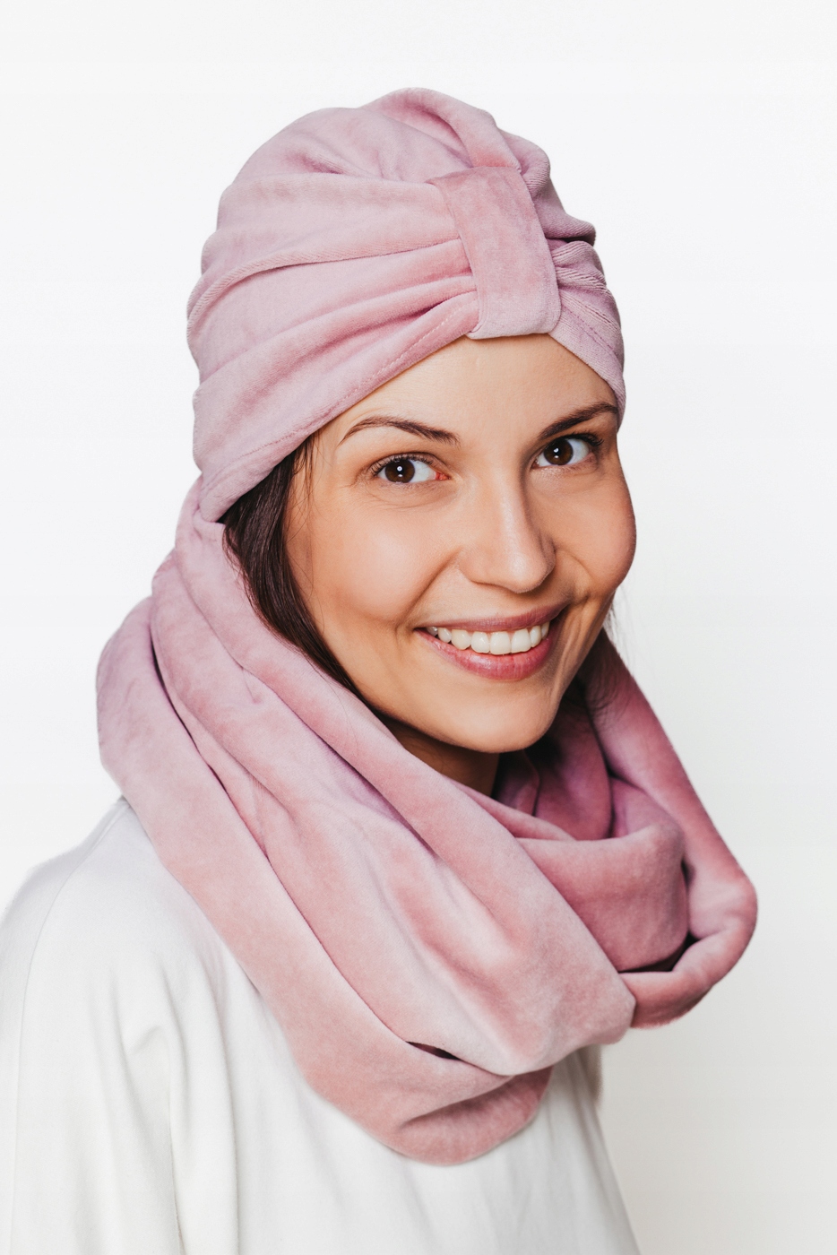 Komplet turban Emma i komin z weluru różowy - 2