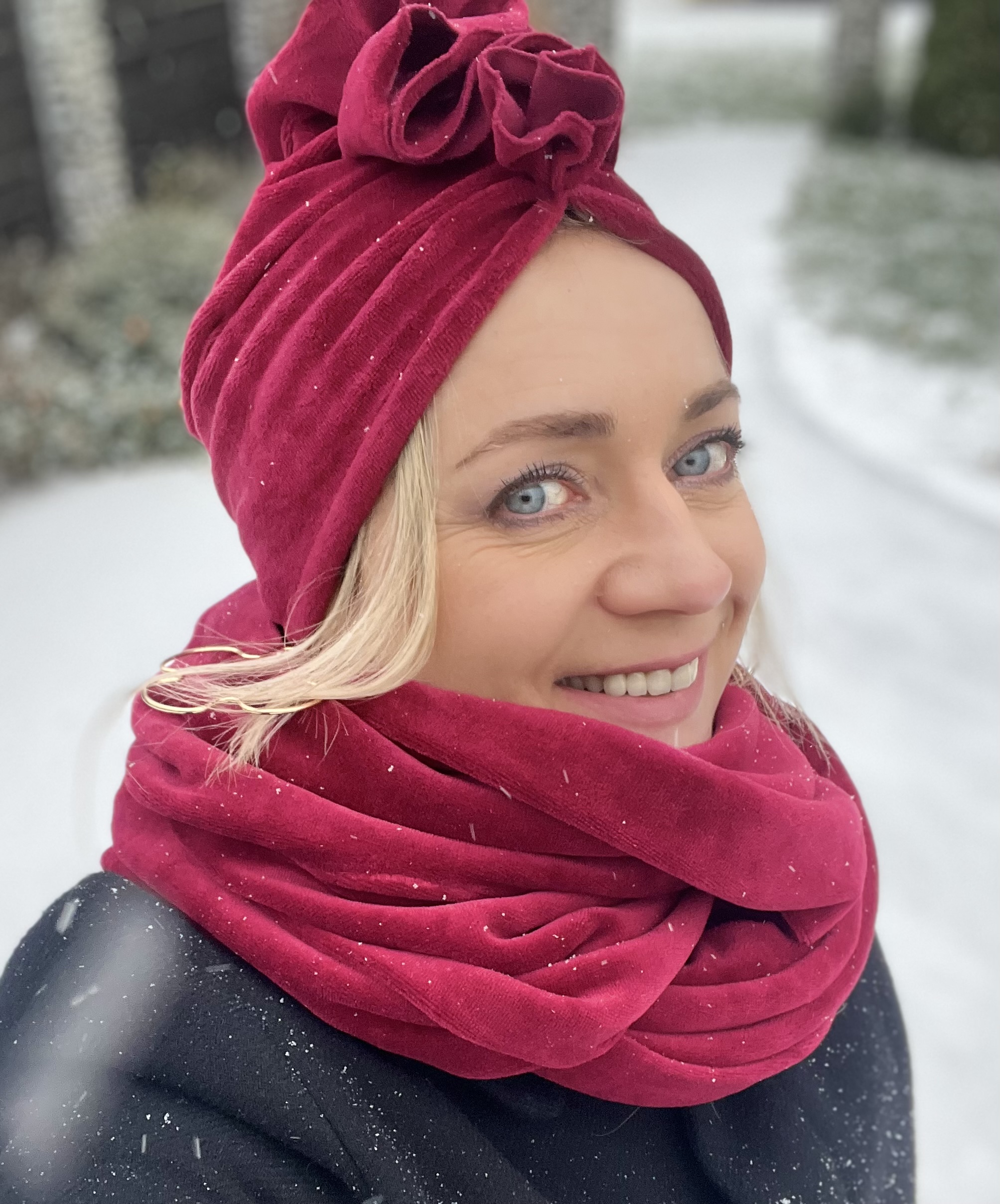 Komplet turban Luba i komin z weluru bordo