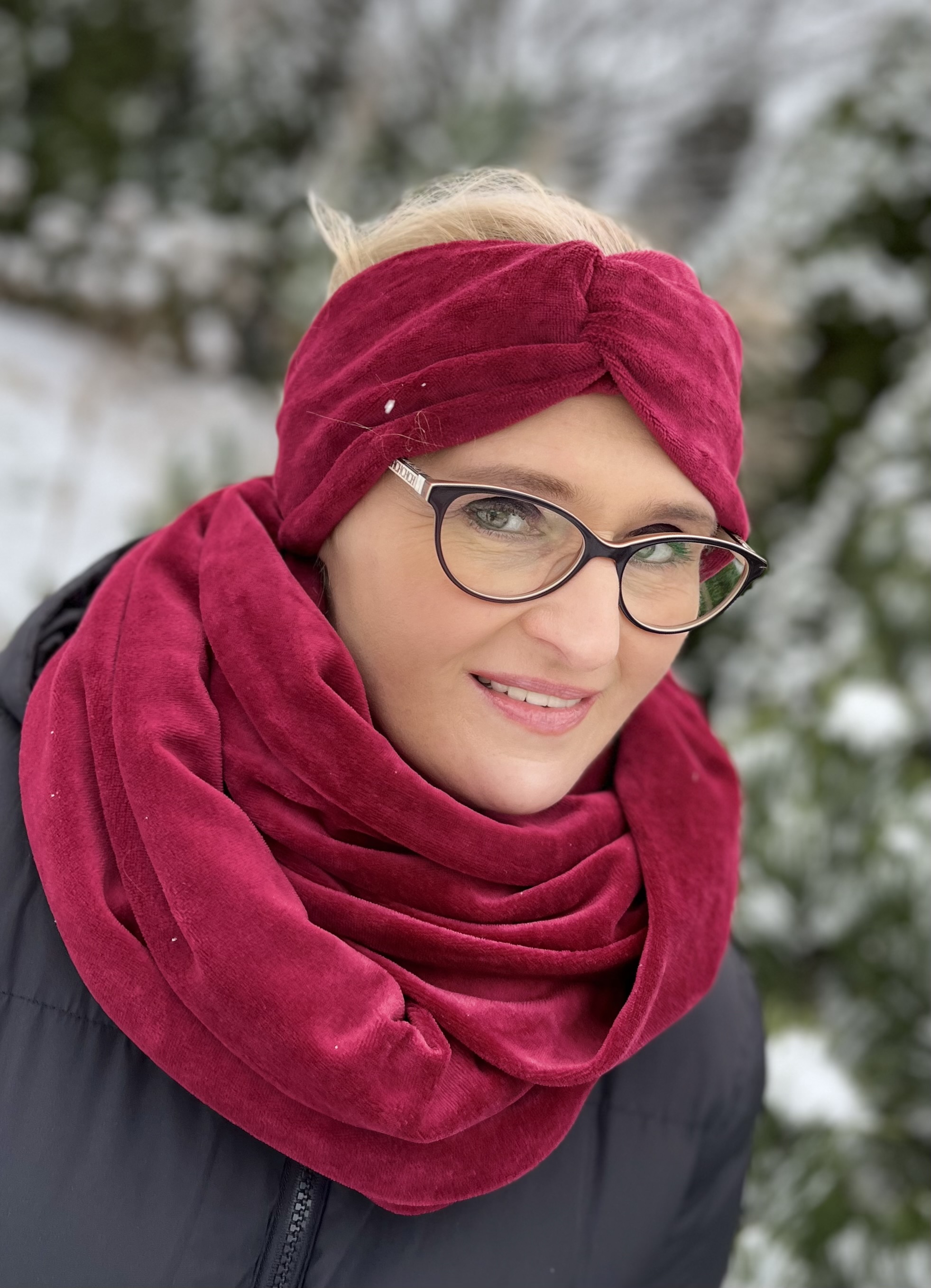 Komplet półturban i komin z weluru bordo